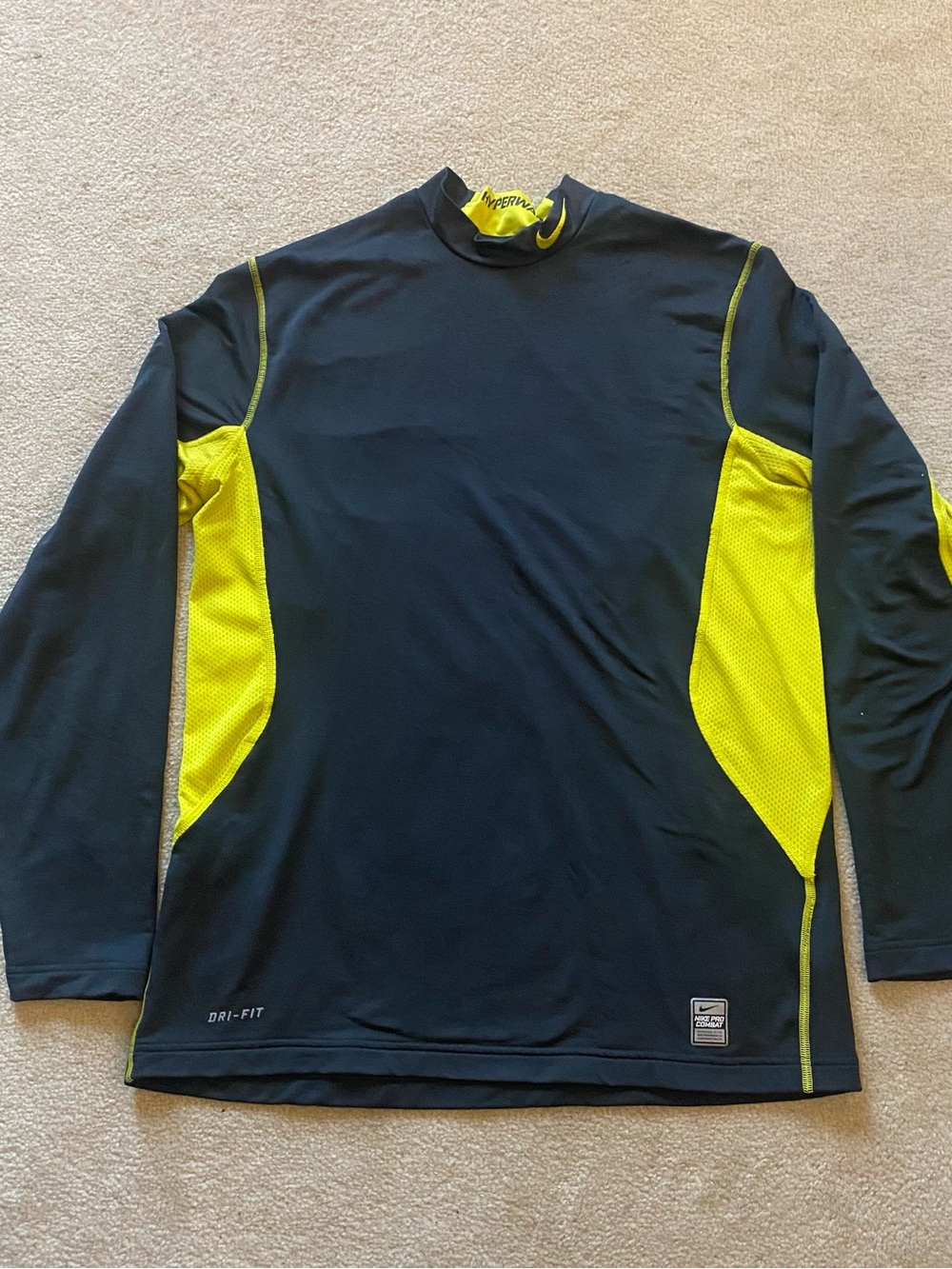 NIKE DRI-FIT GREY YELLOW PRO COMBAT HYPERWARM FITTED LONG SLEEVE SIZE LARGE